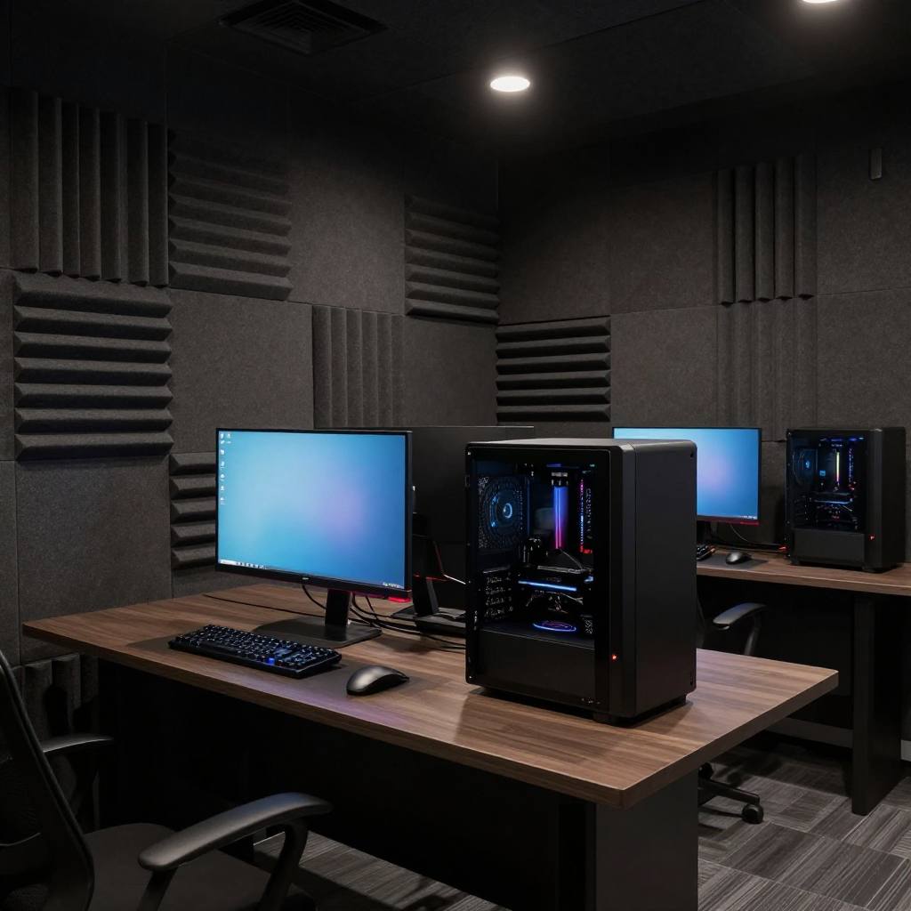 Single Pro row station against acoustic foam panelling, dark and isolated