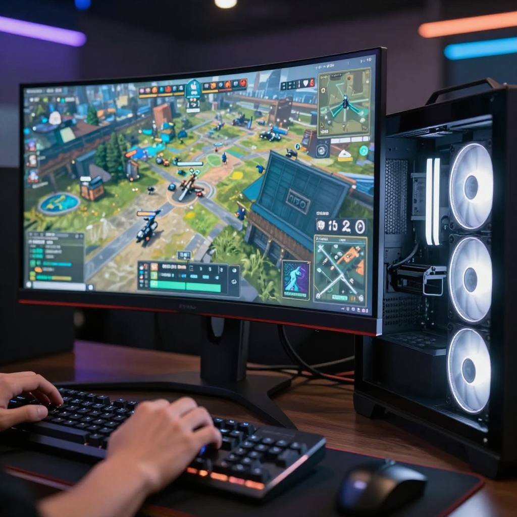Duo cabin with two dual-monitor stations on a warm wood desk, hands on keyboard