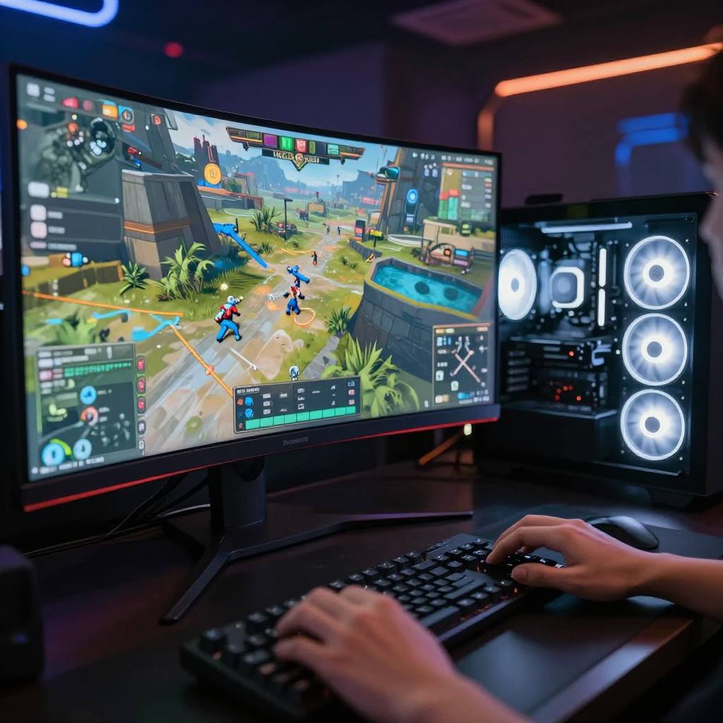 Close view of a hand on a mouse at a dual-monitor RGB station mid-match